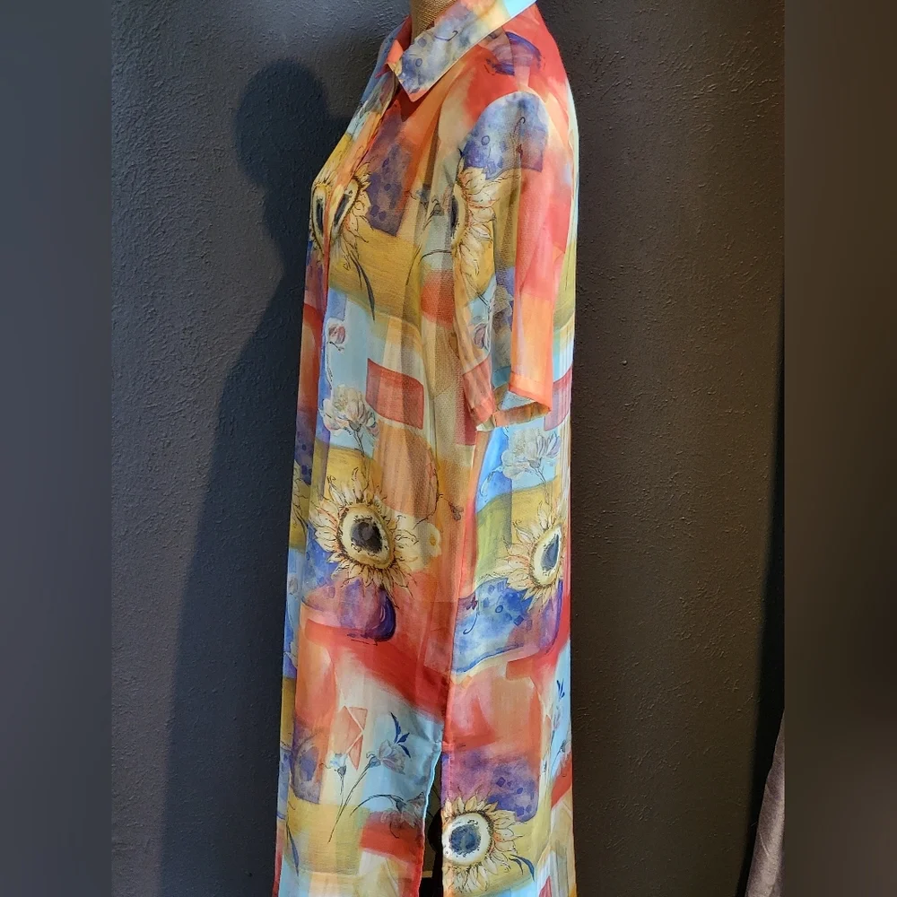 Sea N Sun Vtg 80s Bright Sheer Midi Shirt Dress Medium